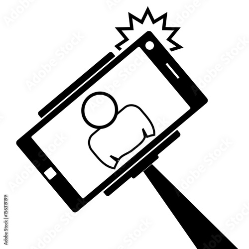 Selfie monopod stick symbol with smartphone with flash and man silhouette. Simple black style.