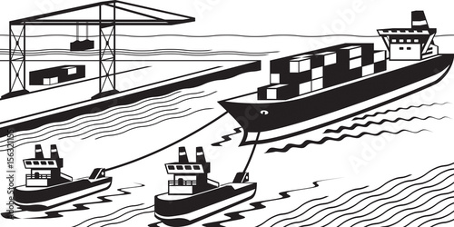 Tugboats assisting cargo ship to port - vector illustration