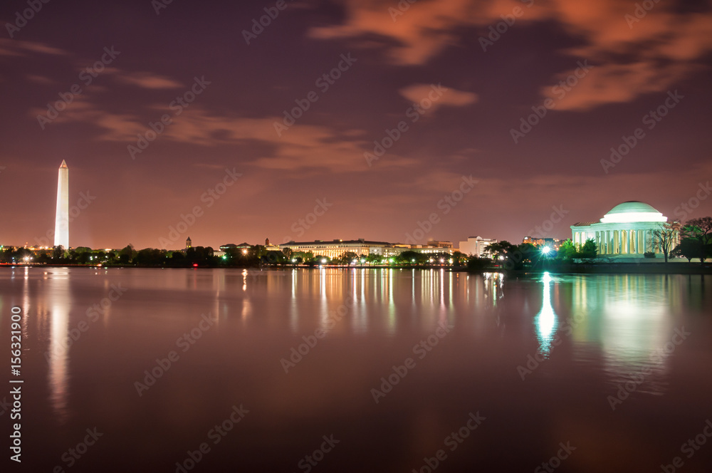 Jefferson and Washington Monuments at Night.