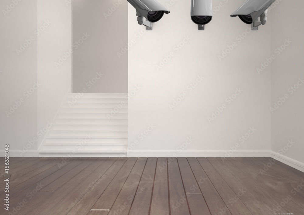 3 CCTV in the wall in an empty room 3 CCTV in the wall in an empty room