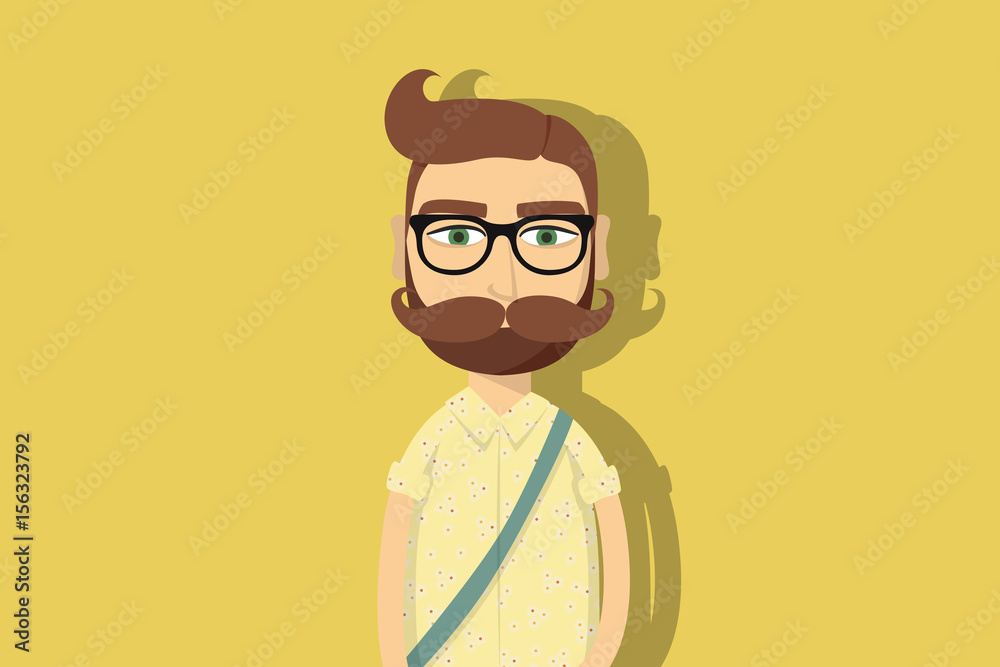 Hipster cartoon character. Man with huge mustache and glasses. Flat vector  illustration. Stock Vector | Adobe Stock