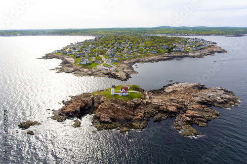 Cape Neddick Lighthouse (Nubble Lighthouse) aerial view at Old York Village, Maine, USA.
