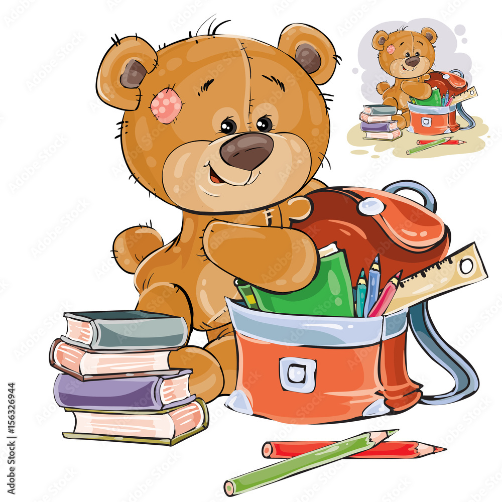 Obraz premium Vector illustration of a brown teddy bear holds books and pencils in a school satchel. Print, template, design element