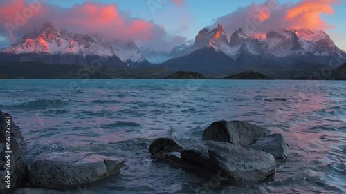 Dawn on the fantastic Lake Pehoe in the heart of the Torres del Paine Alps in Chilean Patagonia.