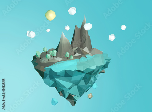three-dimensional image of the flying island with the sea, mountains and land with trees on blue sky background with sun and clouds made of primitive models