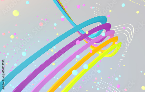 abstract image of colored lines and spheres on a gray background neutralnym made in three-dimensional graphics