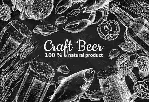 Beer vector chalkboard frame banner. Alcohol beverage hand drawn illustration