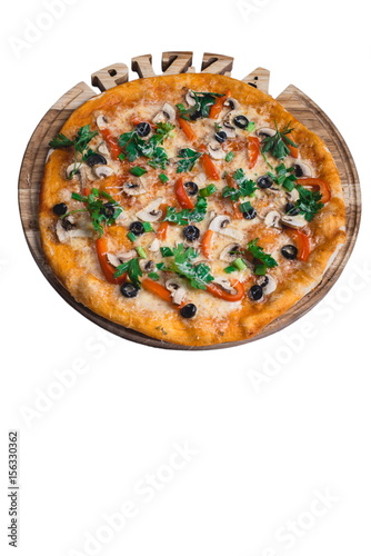 Italian pizza cesare with pepper mushrooms and parsley. A series of different types of pizza for menus from one angle