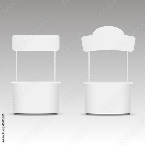 Promotion trade stand. White empty stand with a signboard. Vector illustration
