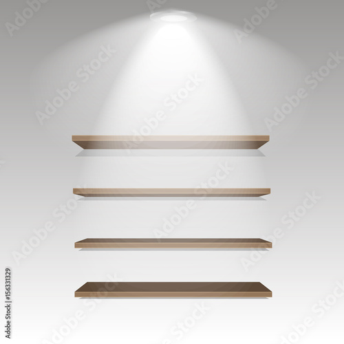 Wooden shelves on grey wall with illuminated lamp with soft light. Vector illustration