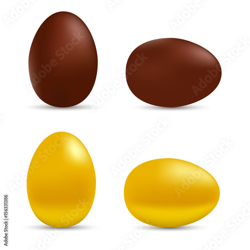 Realistic chocolate and gold eggs. Vector illustration