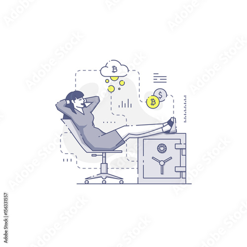 Happy young woman sits with feet up on a safe with bitcoins