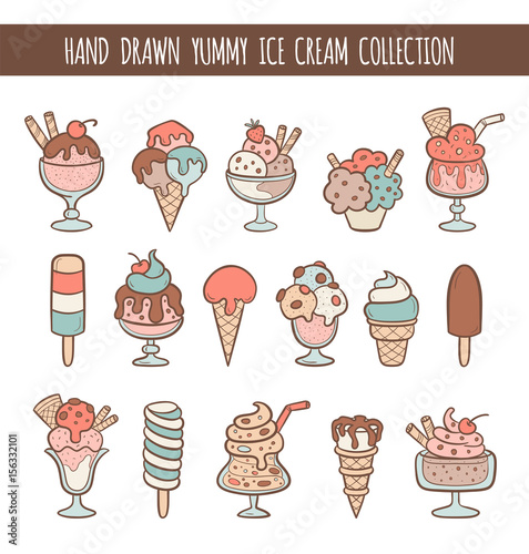 Set of 16 hand drawn vector ice cream illustrations isolated on white. Cones and ice creams with different flavours made in cartoon style.