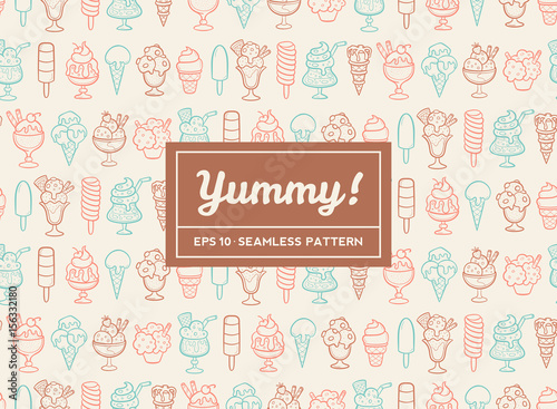 Hand drawn vector ice cream seamless pattern. Cones and ice creams with different flavours made in cartoon style.