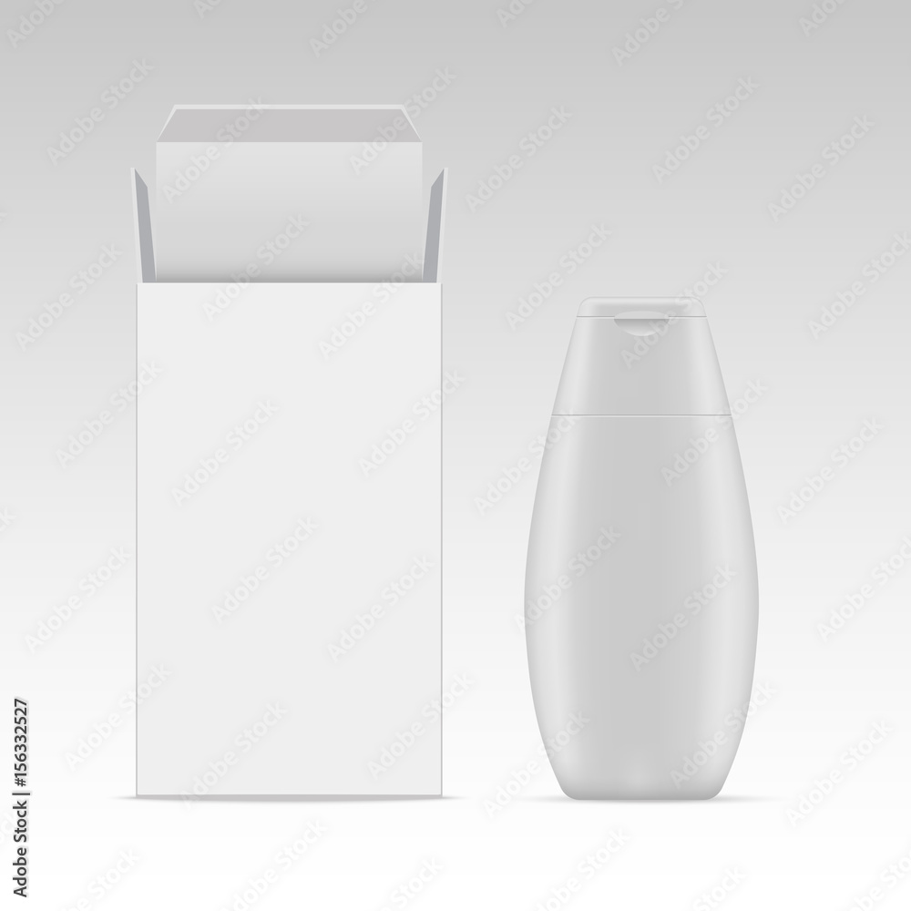 Vector blank cosmetic packaging package paper box and plastic bottle for shampoo
