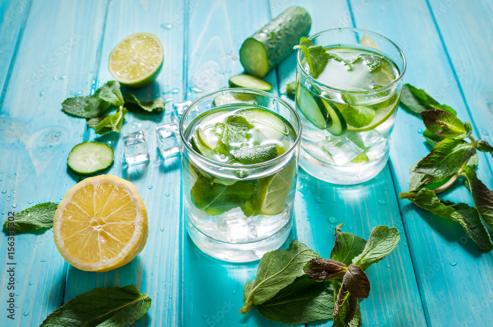Cold and refreshing infused detox water with lime, mint and cucumber in a glass on wood background Cold and refreshing infused detox water with lime, mint and cucumber in a glass on wood background