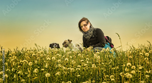 Woman with her dogs in the dandelion field
