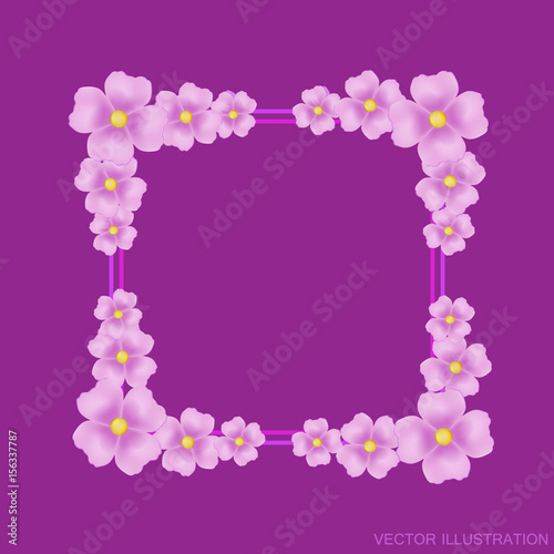 Lilac background with border and flowers. Vector illustration.