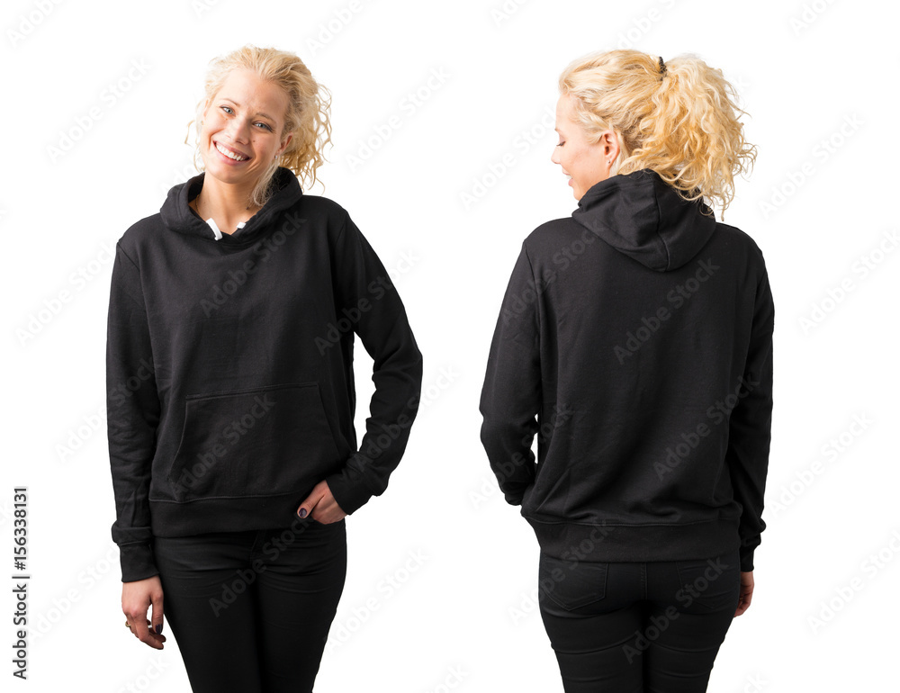Woman in black blank hoodie on white background