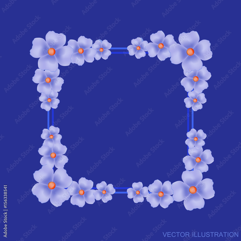 Fototapeta premium Blue background with border and flowers. Vector illustration.