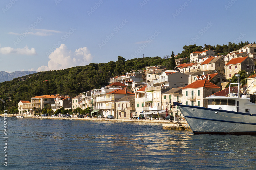 Ships in harbor of fisherman and tourist village Povlja on north east on Island Brac in Croatia