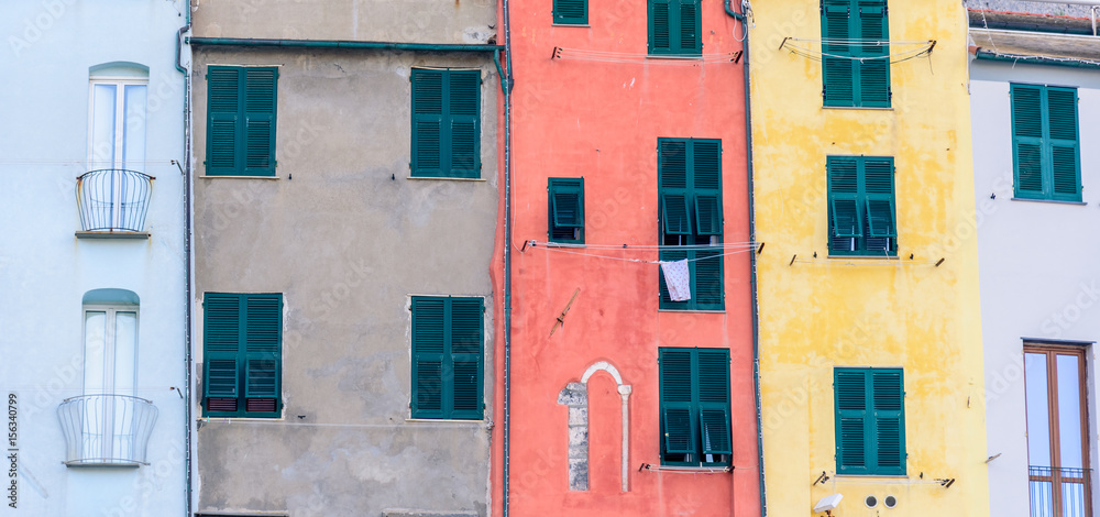 View of the colorful house of the famous town of Porto Venere in Liguria, near the Cinque Terre National Park.