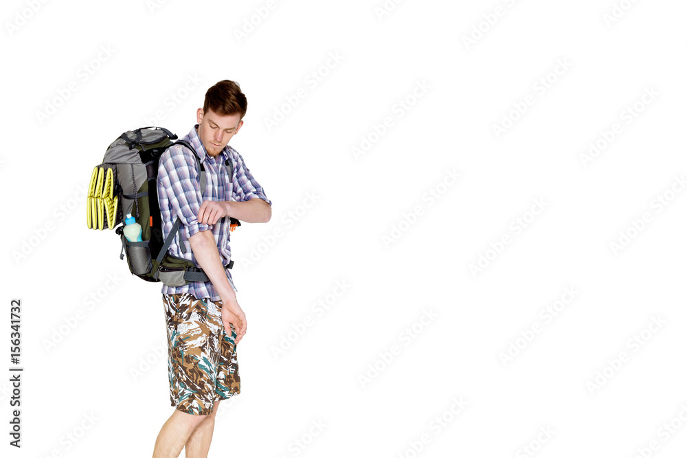 Young hiker with backpack on white background Young hiker with backpack on white background