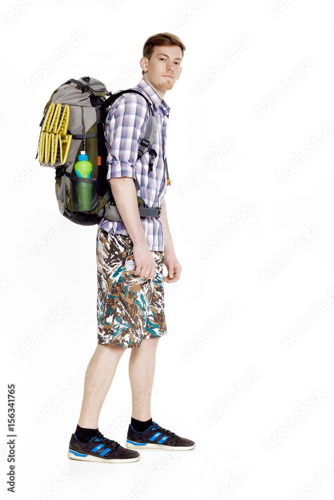 Young hiker with backpack on white background Young hiker with backpack on white background