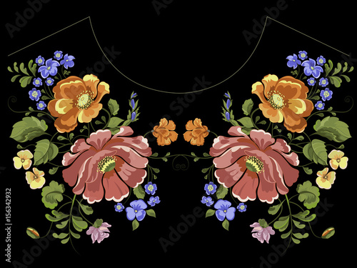 Botanic trend neckline pattern with poppies and forget me not flowers. Vector traditional floral bouquet template for fashion, embroidery, clothing print design.