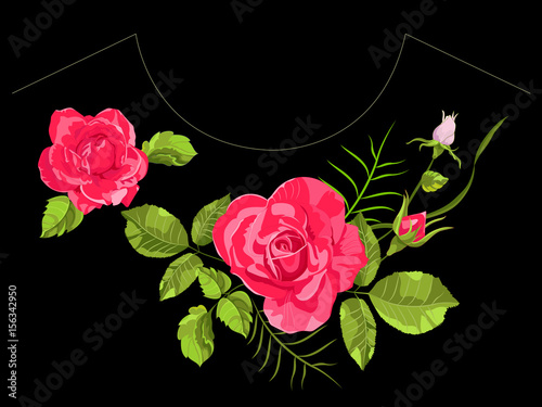 Embroidery trend neckline pattern with red roses. Vector traditional floral bouquet template with flowers for textile print, fashion, clothing design.