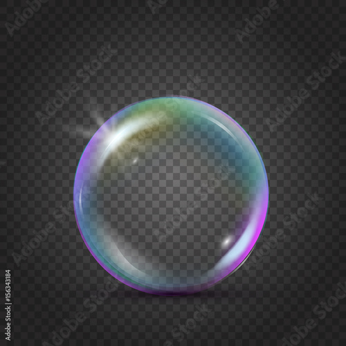 Colorful realistic bubble with rainbow reflection and blink. Liquid cleaning soap foam for bath and shower. Shampoo foam on transparent background. Isolated blowing soap bubble. Vector EPS 10.