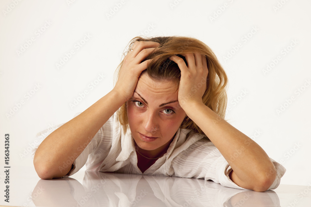 Portrait of exhausted and tired business woman in the office (Depression, sadness, problems, difficulties concept) Portrait of exhausted and tired business woman in the office (Depression, sadness, problems, difficulties concept)