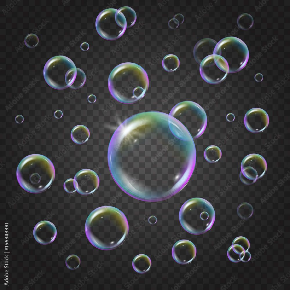 Vecteur Stock Realistic soap bubble. Detergent foam rainbow colored ball,  laundry and shower color iridescent clear shampoo bubbles. Shiny washing  circles. Vector isolated on transparent background set
