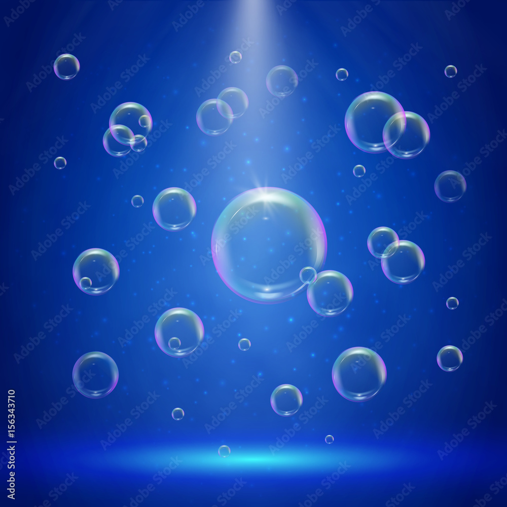Stage illumination with spotlights and bubbles. Blue deep sea scene with shampoo foam in water. Colorful realistic bubble with sprays and rays. Background with liquid cleaning soap for bath and shower