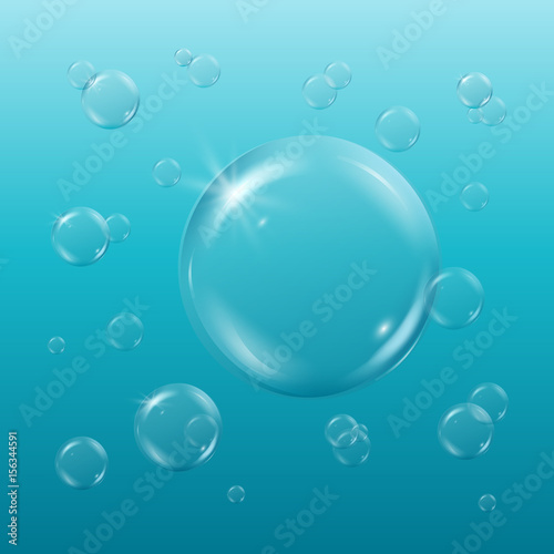 Shampoo or soap foam, bubbles in light sunny water. Turquoise underwater background with soft gradient and bubbles. Cool sea water waves, sprays and sparkles. Swimming pool banner or flyer design.