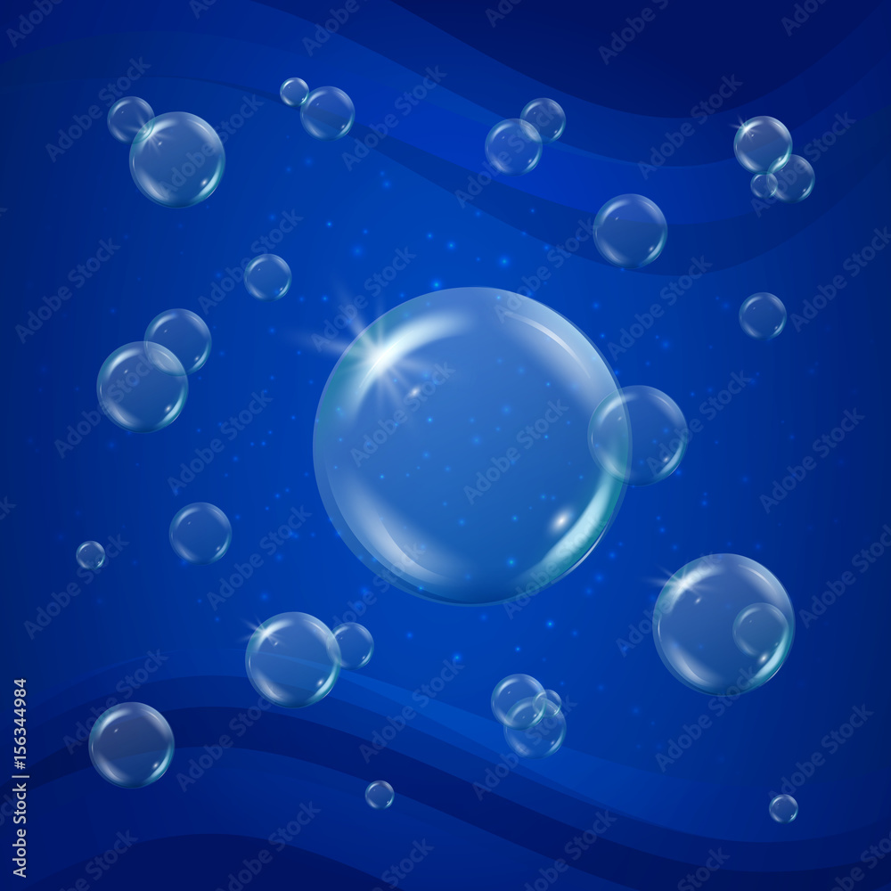Bubbles in deep sunny water. Blue underwater background with soft gradient and bubbles. Cool sea water waves, sprays and sparkles. Business style for banner or flyer. Swimming pool design or cleaning.