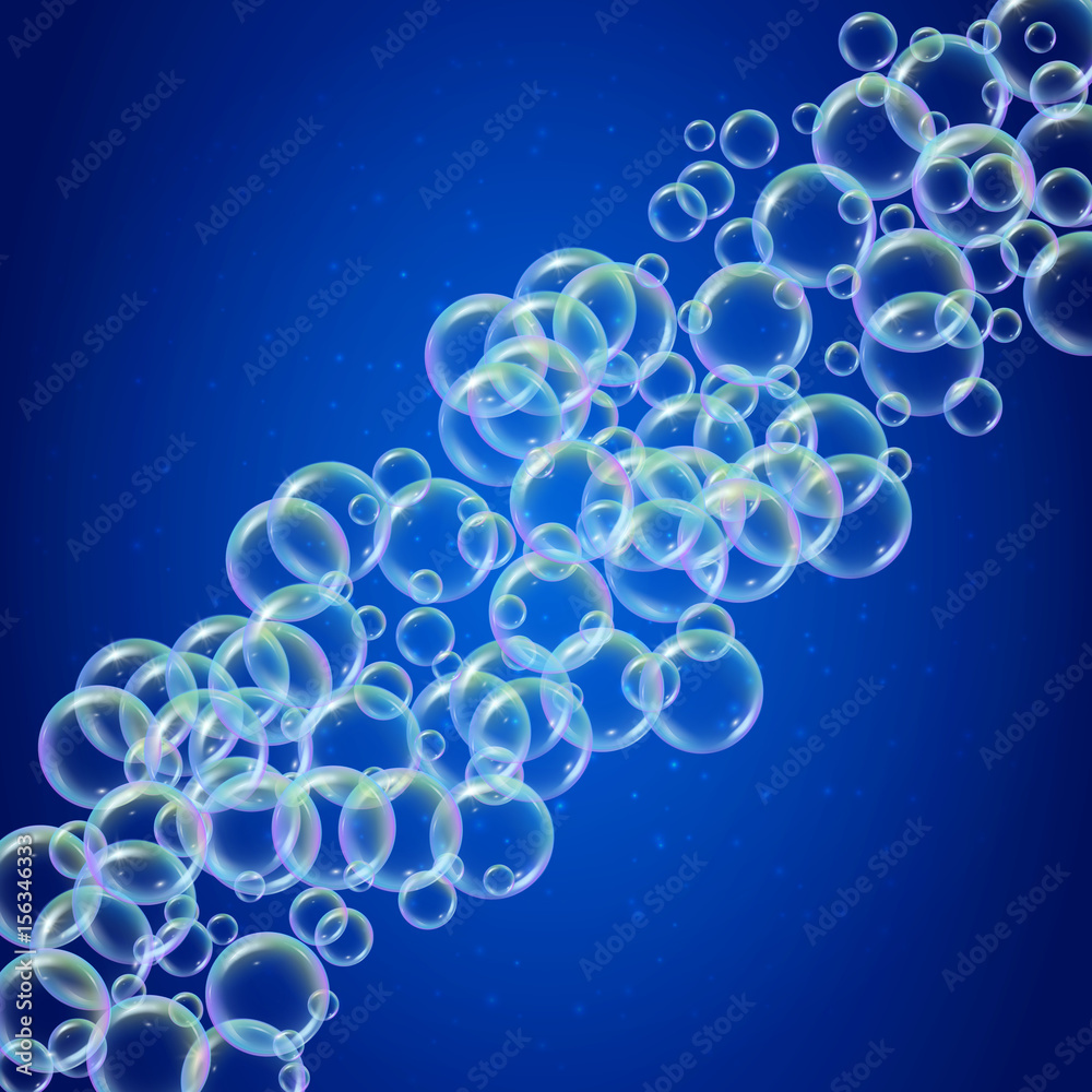 Shampoo foam on shiny blue background. Colorful realistic bubbles with rainbow reflection. Liquid cleaning soap foam for bath and shower. Blowing soap bubble spray for washing flyer design and banner