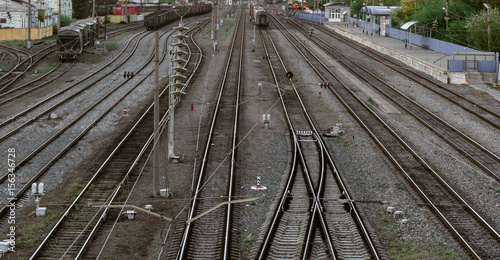 Many railroad track, aerial view of railroad station platform