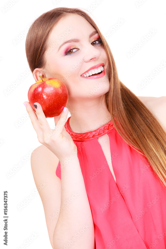 Woman charming girl colorful makeup holds apple fruit