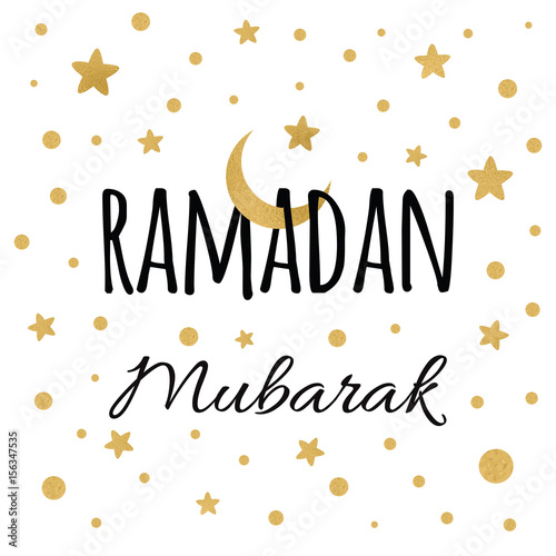 Vector crescent moon with gold stars for Holy Month of Muslim Community, Ramadan Mubarak congratulation.