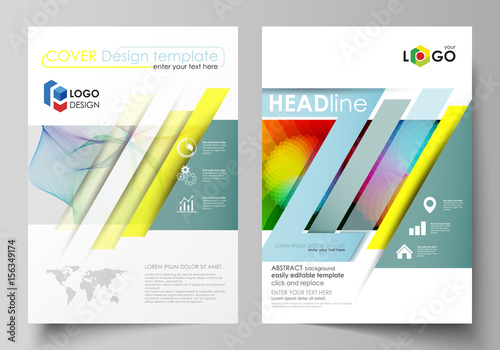 Business templates for brochure, flyer, booklet, report. Cover template, flat vector layout in A4 size. Colorful design, overlapping geometric shapes and waves forming abstract beautiful background.