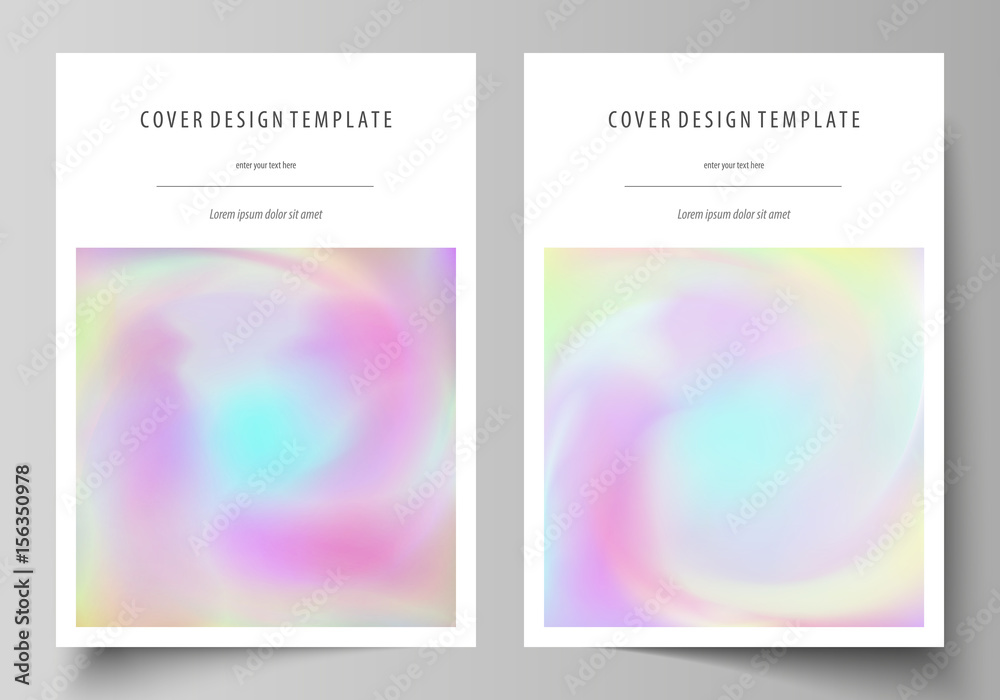 Business templates for brochure, flyer, report. Cover design template, vector layout in A4 size. Hologram, background in pastel colors, holographic effect. Blurred colorful pattern, futuristic texture