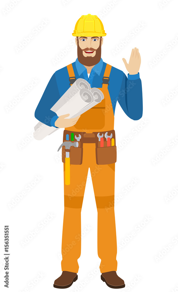 Worker holding the project plans and greeting someone with his hand raised up Worker holding the project plans and greeting someone with his hand raised up