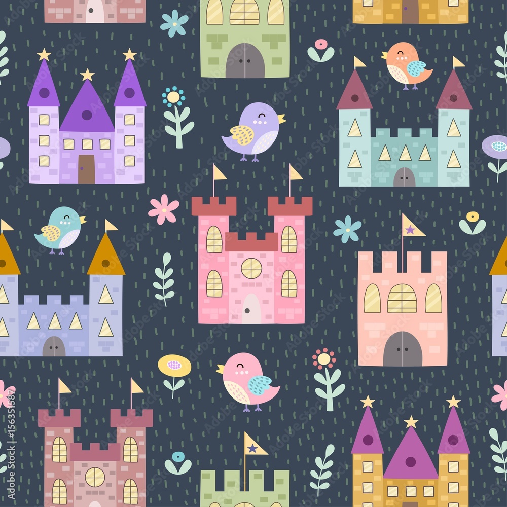 Fantasy castles and little birds seamless pattern. Vector texture in childish style great for fabric and textile, wallpapers, web page backgrounds, cards and banners design