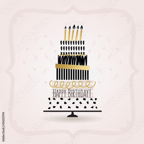 Black and golden Happy Birthday cake card on pink gradient background