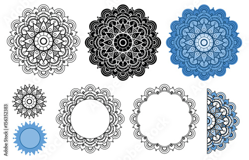 Vector mandala collection in black and blue colors. Zen mandala for your design, greeting card, coloring book.