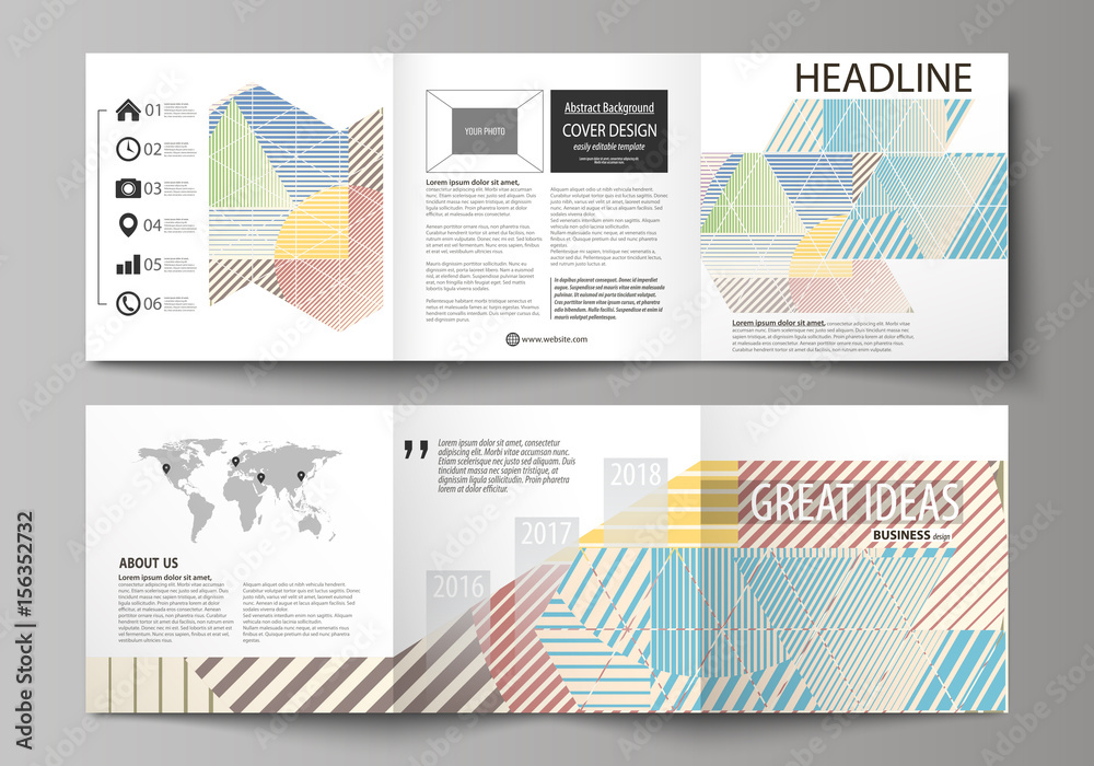 Set of business templates for tri fold square brochures. Leaflet cover, abstract flat layout, easy editable vector. Minimalistic design with lines, geometric shapes forming beautiful background.