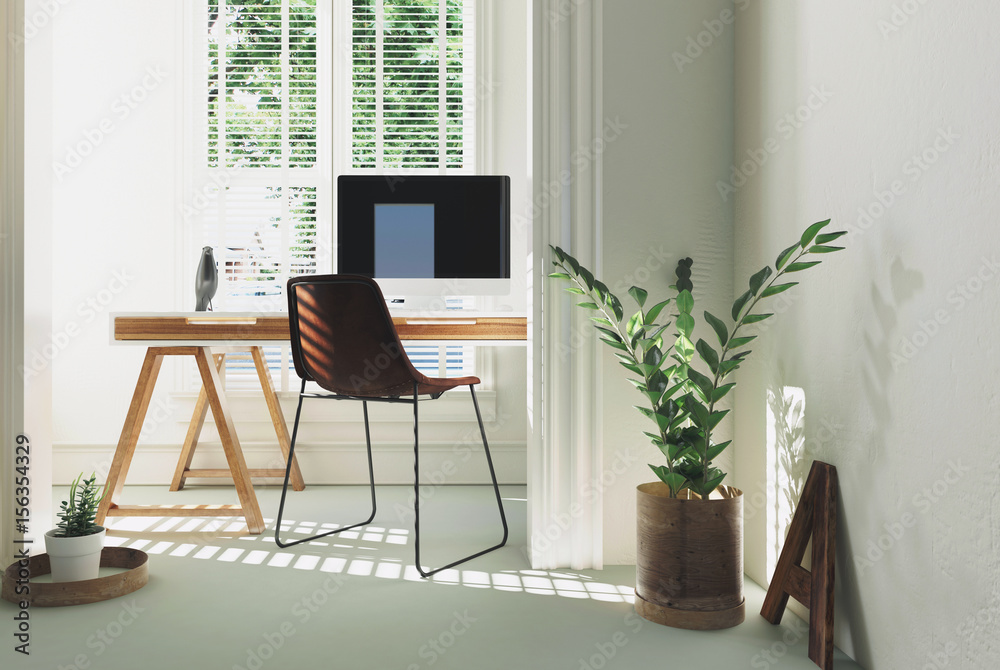 Fototapeta premium Monochromatic white home office interior