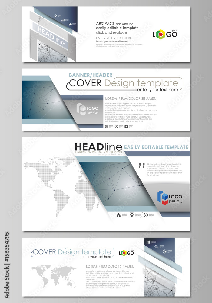 Social media and email headers set, modern banners. Business design template, vector layouts in popular sizes. DNA and neurons molecule structure. Medicine, technology concept. Scalable graphic.