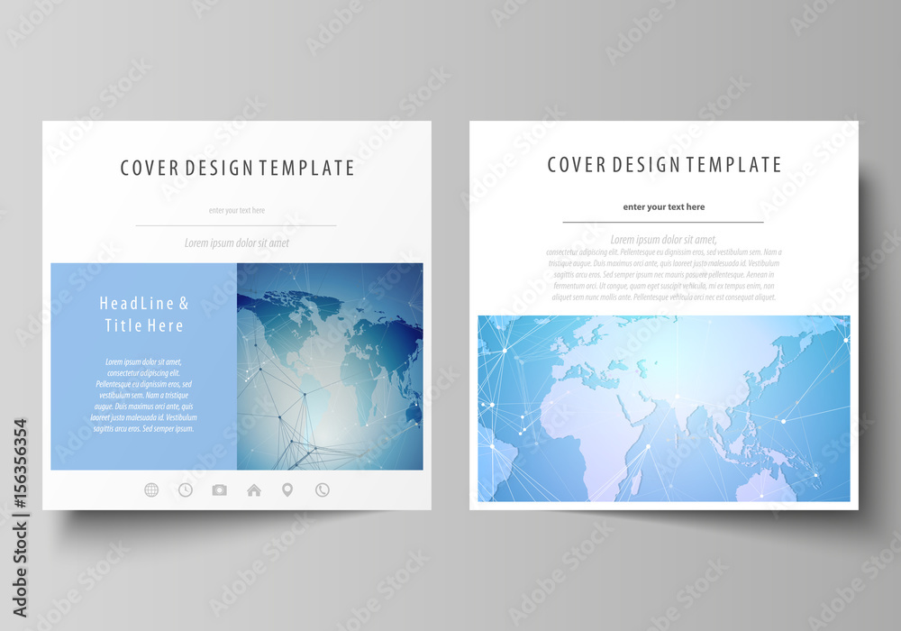The minimalistic vector illustration of the editable layout of two square format covers design templates for brochure, flyer, booklet. World map on blue, geometric technology design, polygonal texture